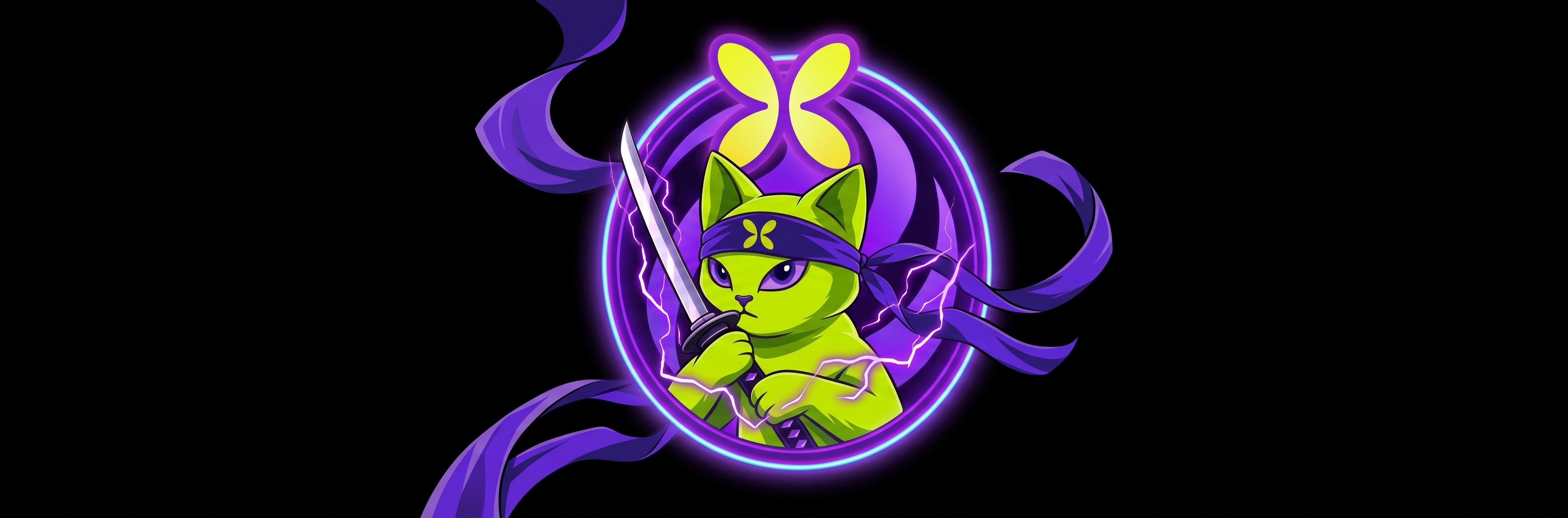 NinjaFlap banner, ninja cat with lightning